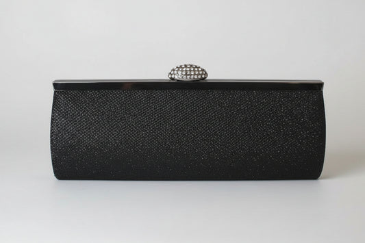 Black glittery clutch bag with a silver clasp on a white background