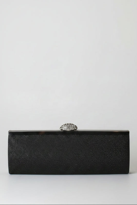 Black glittery clutch bag with a silver clasp on a white background
