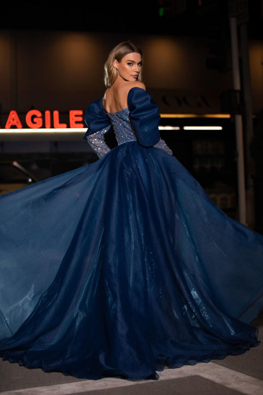 Woman in a blue evening gown with a blurred background
