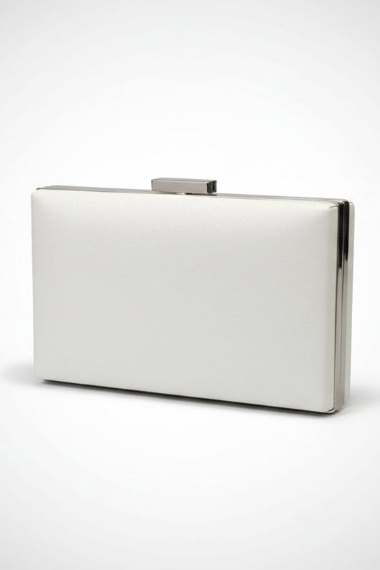 White clutch bag with a metallic frame on a white background
