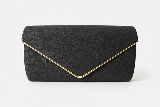 Black glittery clutch bag with a gold edge on a white background