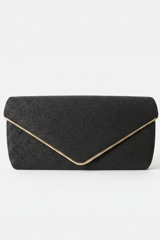 Black glittery clutch bag with a gold edge on a white background