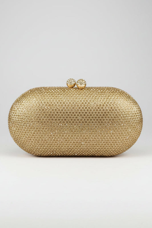 Gold clutch bag with a textured surface on a white background