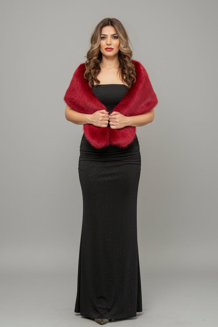 red dress with fur shawl Holiday Lace Dress + Faux Fur Scarf
