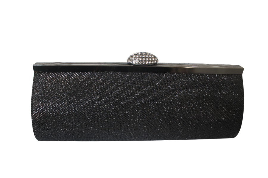Black glittery clutch bag with a silver clasp on a white background