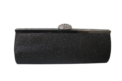 Black glittery clutch bag with a silver clasp on a white background