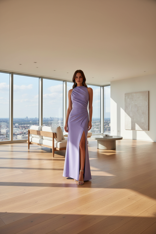 Woman wearing a lavender halter neck gown with a slit on a white background