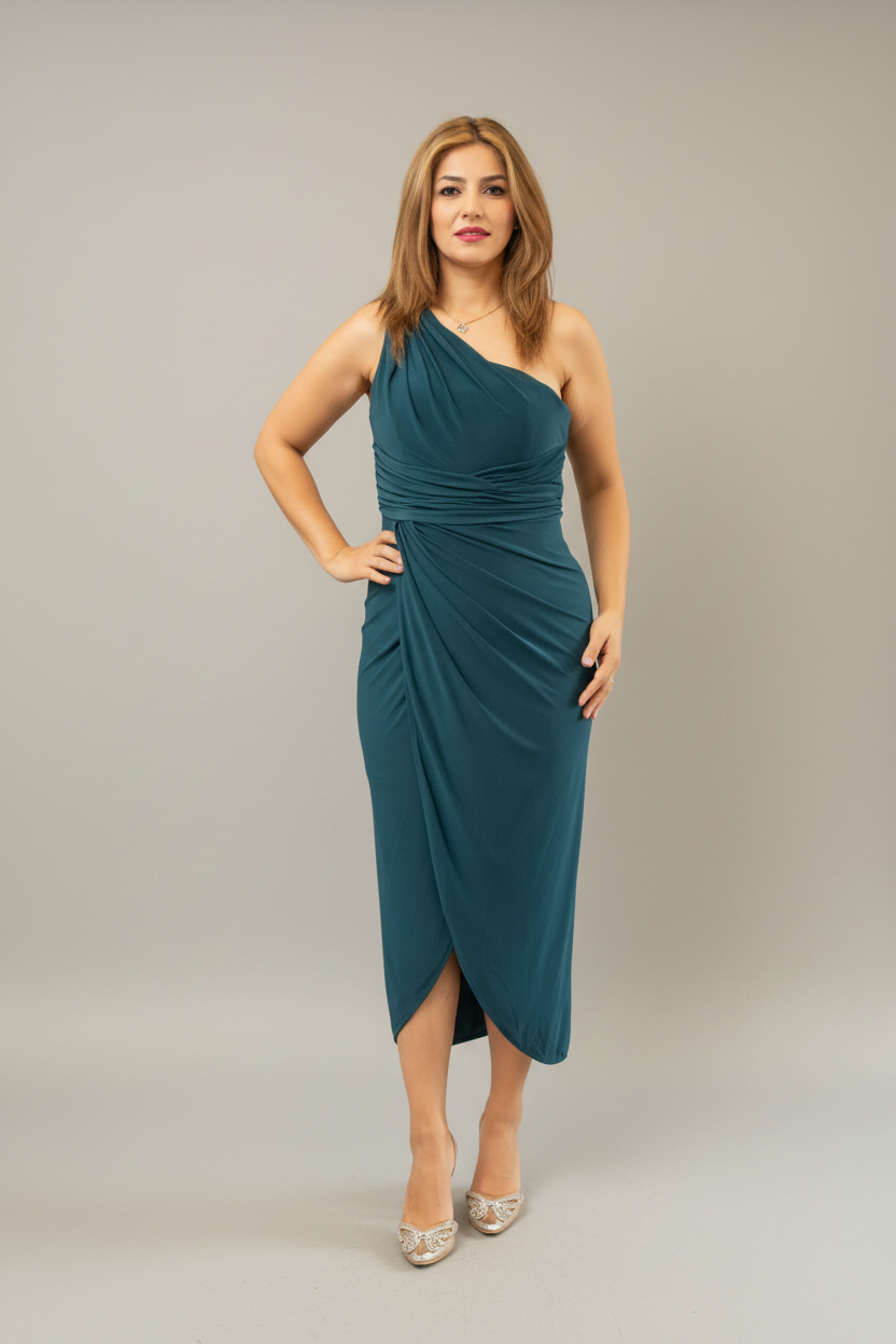 Woman in a teal one-shoulder dress standing in front of a mirror.