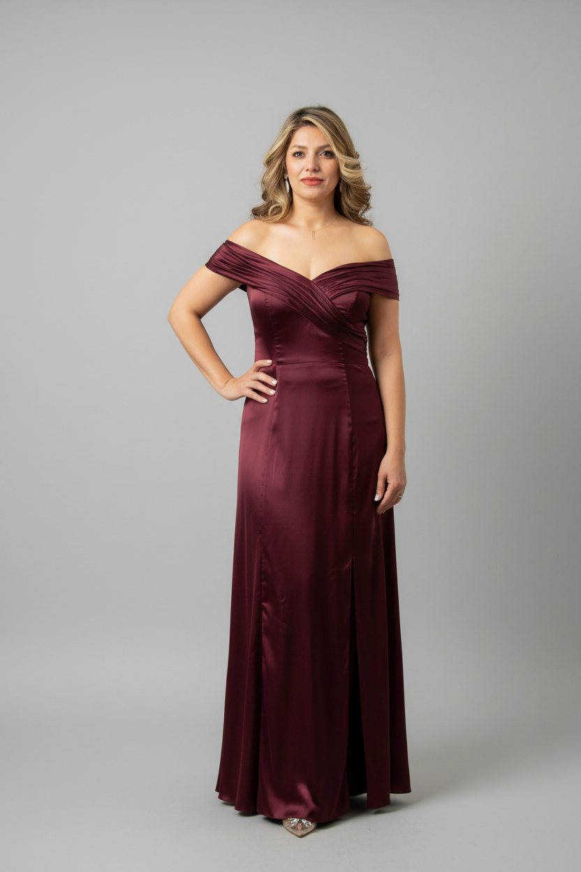 Woman wearing a burgundy off-shoulder gown against a gray background