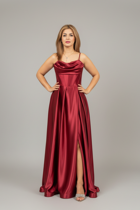 Woman in a red evening gown standing in front of a mirror in a room with a plant and chair.