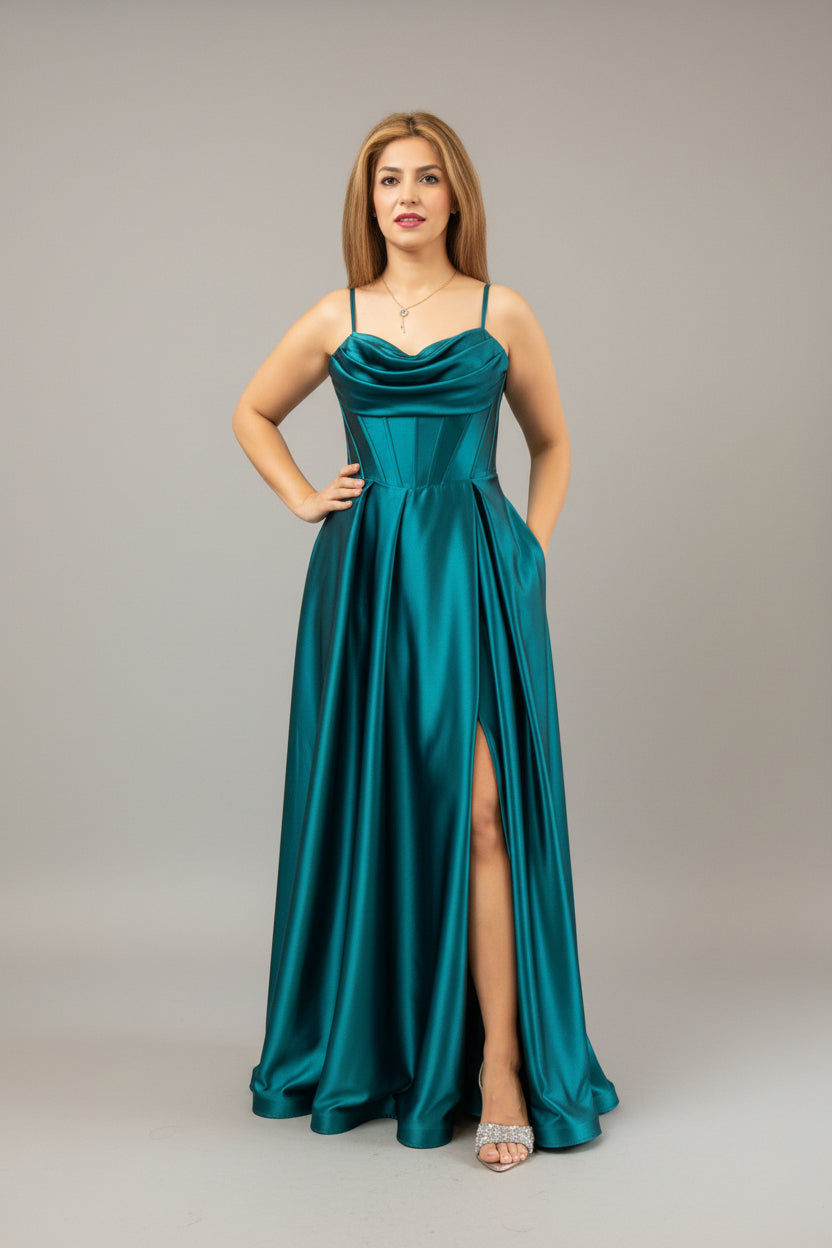 Woman in a teal evening gown standing in front of a mirror in a room with a plant and chair.