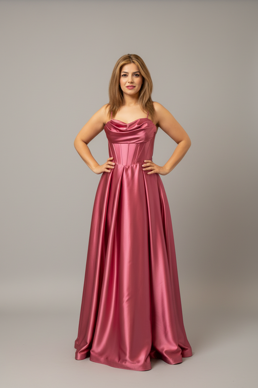 Woman in a pink strapless gown standing in front of a mirror.