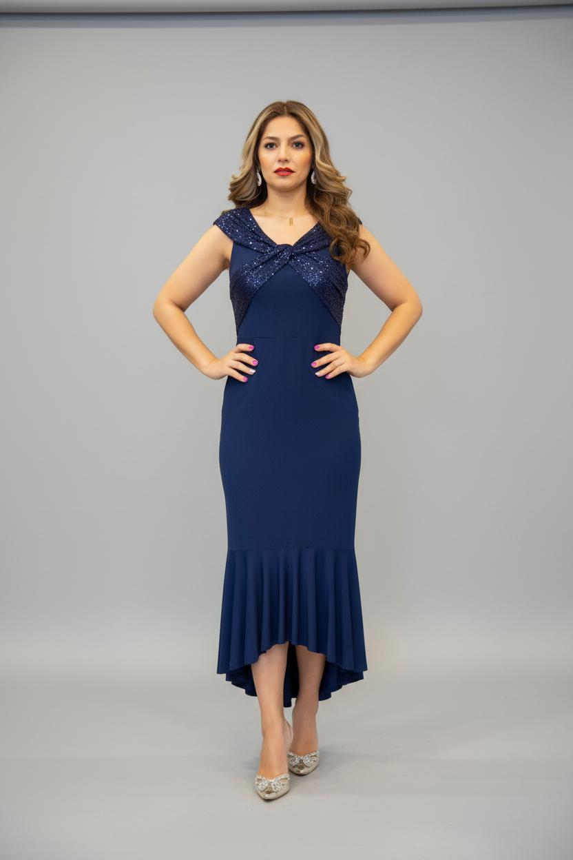 A woman modeling a navy blue high-low formal dress with a lace bodice and ruffled hem, standing against a light gray studio background.