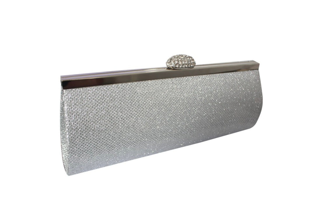 Silver glittery clutch bag with a decorative clasp on a white background