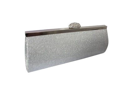 Silver glittery clutch bag with a decorative clasp on a white background