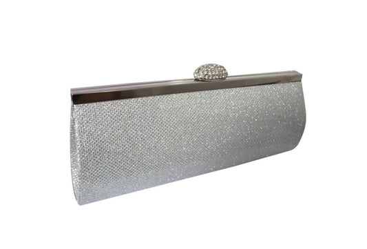 Silver glittery clutch bag with a decorative clasp on a white background