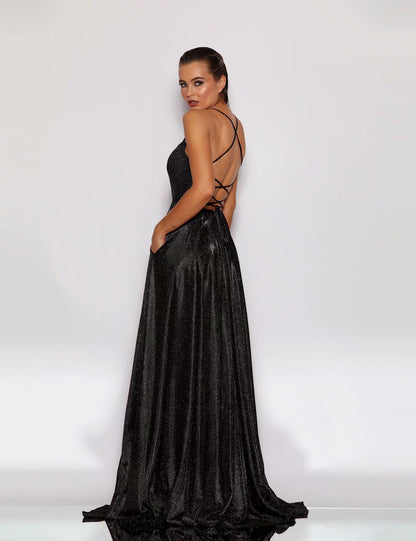 Woman wearing a black evening gown with a white background