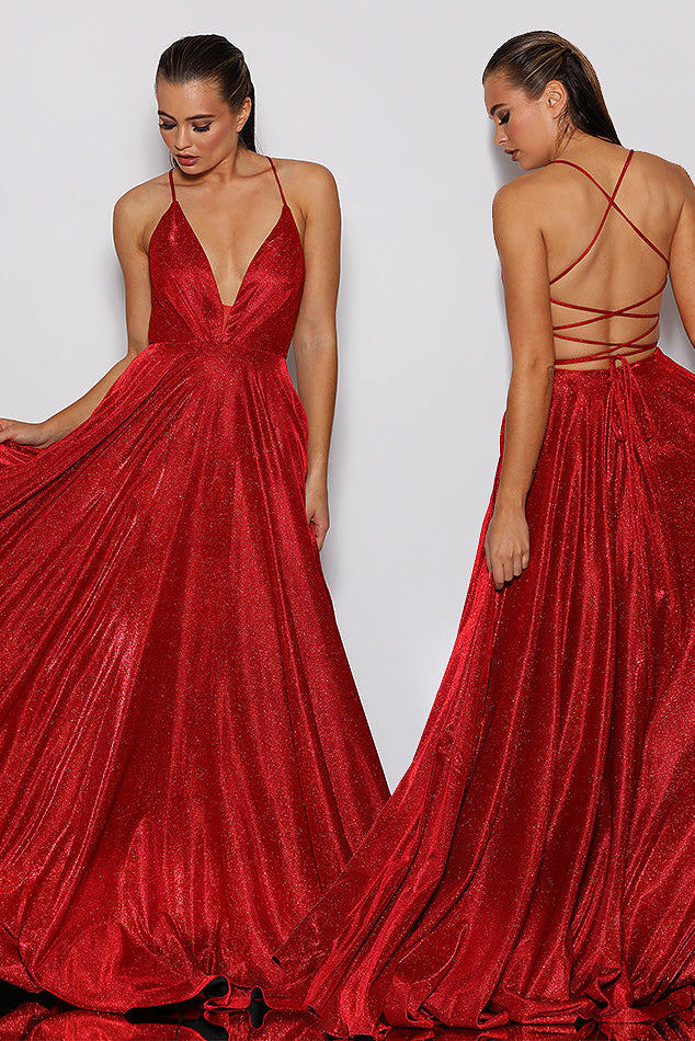 Red evening gown displayed from front and back on a white background