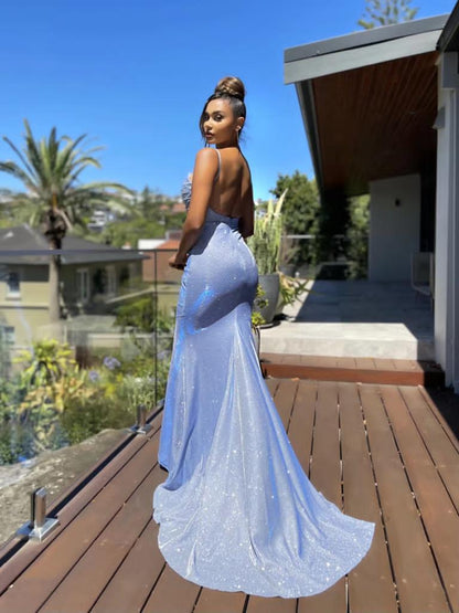 Woman in a sparkly blue dress standing on a wooden deck with a scenic background.