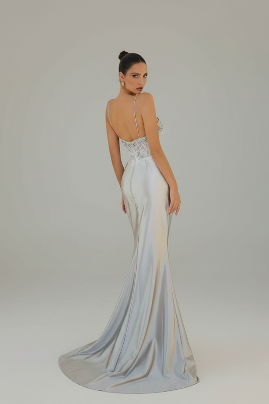 A woman modeling a floor-length, strapless evening gown from the back against a plain light gray studio background. The dress has a fitted silhouette with a shimmering silver-gray satin skirt and a slightly sheer, embellished bodice.