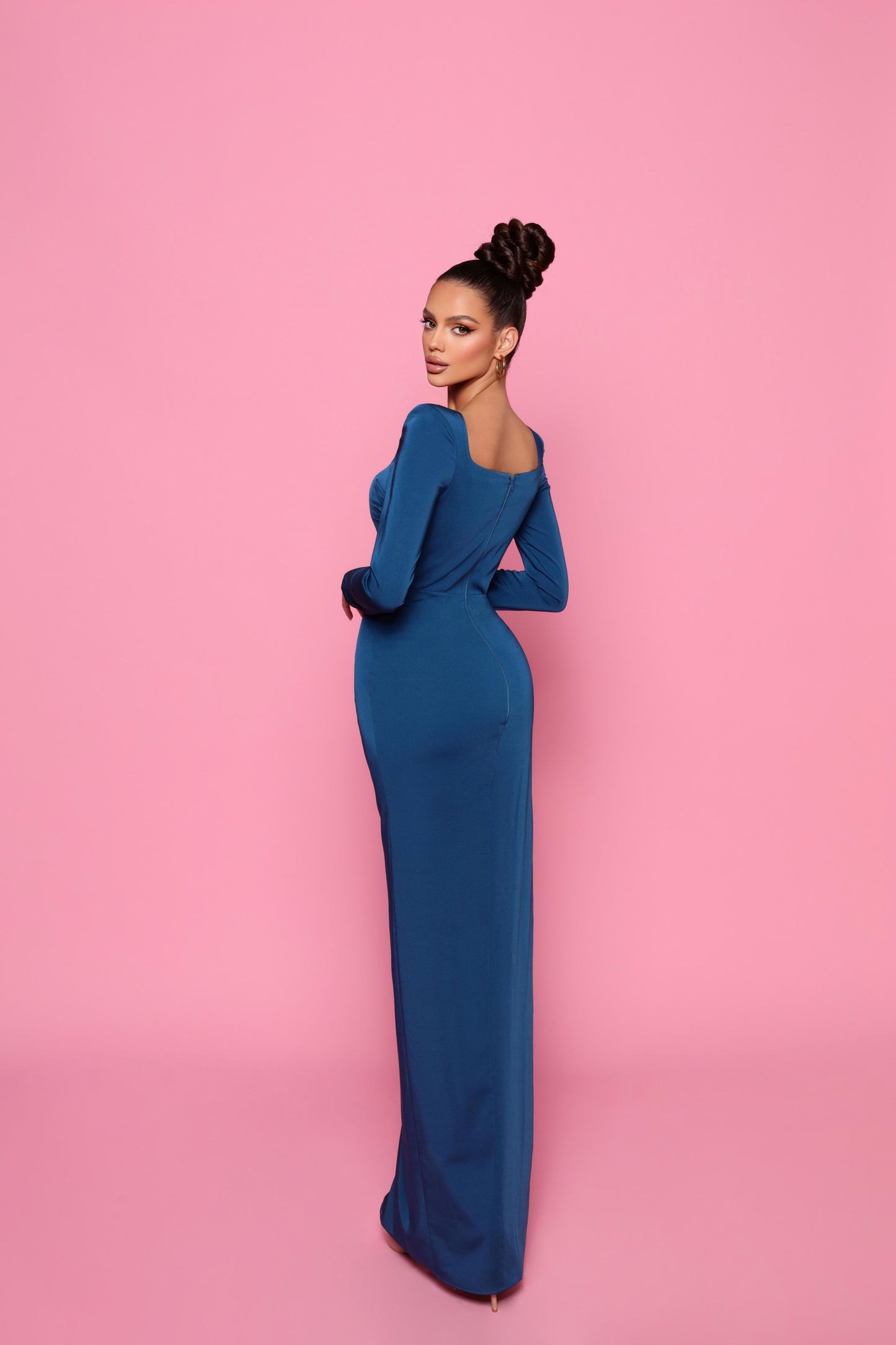 Woman in a blue evening gown 