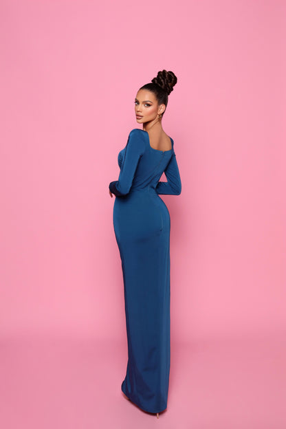 Woman in a blue evening gown 