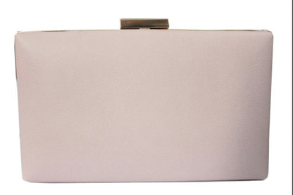 Beige clutch bag with a gold clasp on a white background