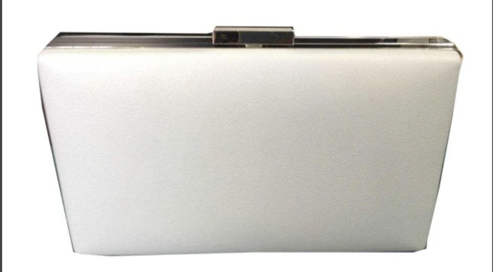 White clutch bag with a metallic frame on a white background