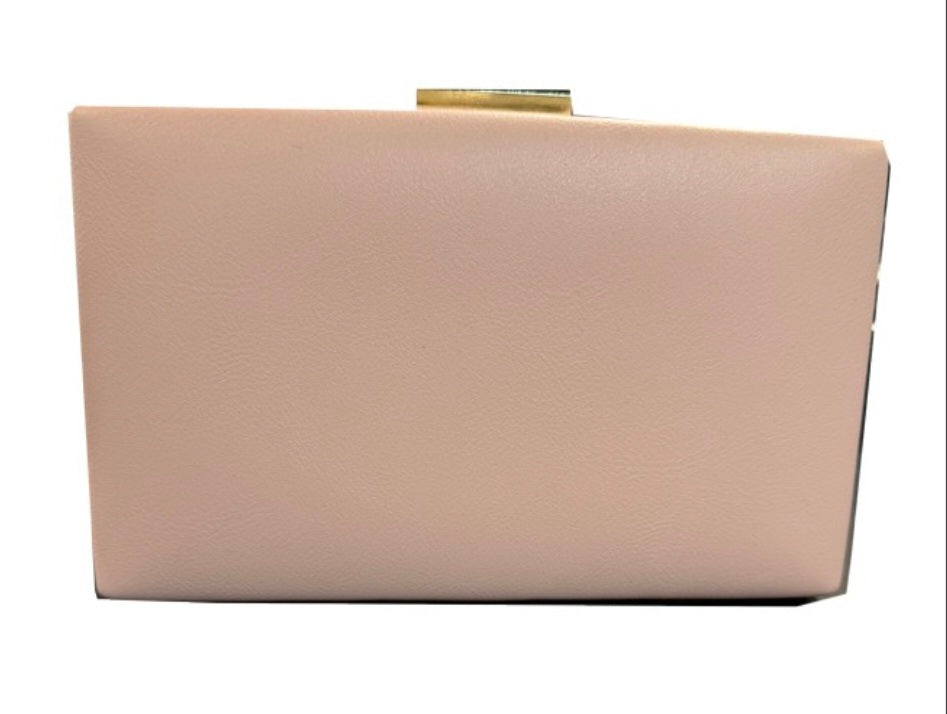 Beige clutch bag with a gold clasp on a white background