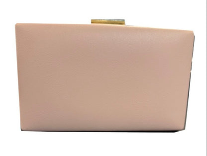 Beige clutch bag with a gold clasp on a white background