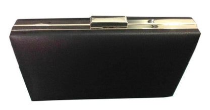 Black clutch bag with gold clasp on a white background