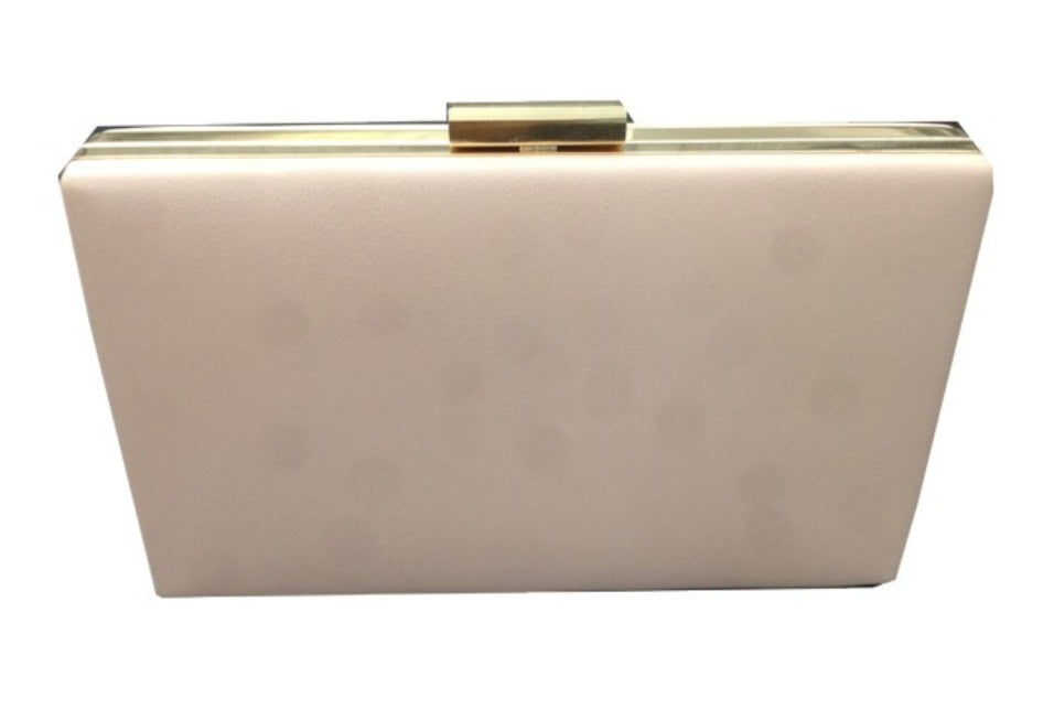 Beige clutch bag with a gold clasp on a white background
