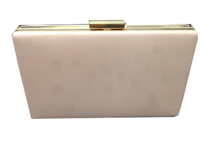Beige clutch bag with a gold clasp on a white background