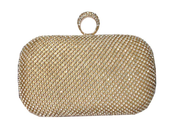 Gold beaded clutch bag on a white background
