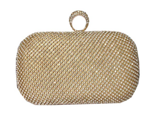 Gold beaded clutch bag on a white background