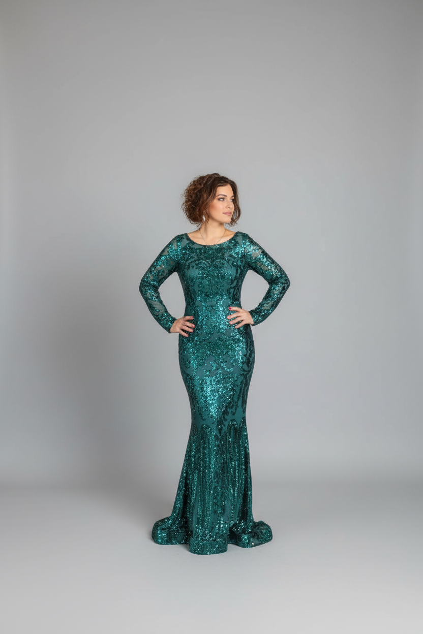 Woman wearing a green sequin dress against a gray background