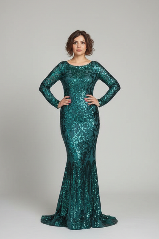 A woman wearing a long-sleeved, floor-length teal sequined gown stands in front of a clothing store window, with mannequins displaying pink and black dresses inside the shop.