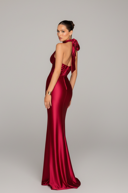 A woman modeling a floor-length satin gown in deep burgundy red, shown from the back and side against a plain light gray studio background.