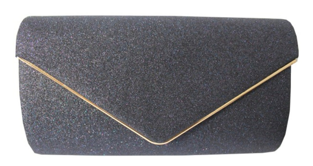 Black glittery clutch bag with a gold edge on a white background