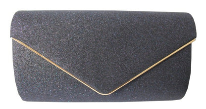 Black glittery clutch bag with a gold edge on a white background