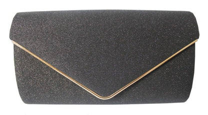 Black glittery clutch bag with a gold edge on a white background