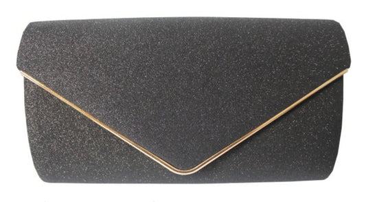 Black glittery clutch bag with a gold edge on a white background