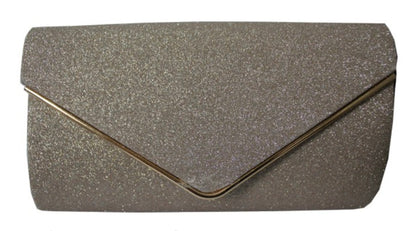 Silver glittery clutch bag on a white background