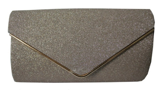 Silver glittery clutch bag on a white background