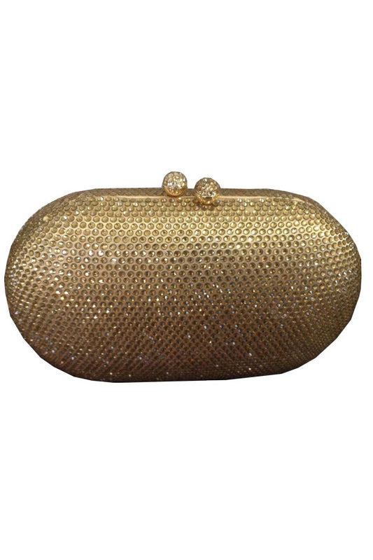 Gold clutch bag with a textured surface on a white background