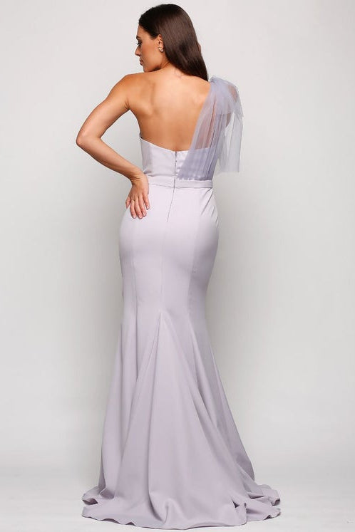 Woman wearing a light purple evening gown with a sheer overlay on a white background